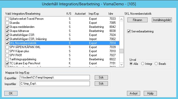 S i d a 64 För att SKL Novemberstatistik skall kunna väljas i driftkalendariet måste du först gå in under Underhåll/Systeminställningar/Organisation/Integration/Bearbetning.