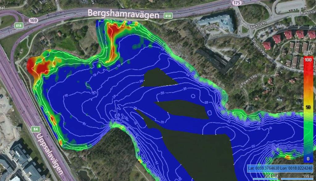 Visuell bild över vegetationsutbredningen i Brunnsvikens nordvästra del.