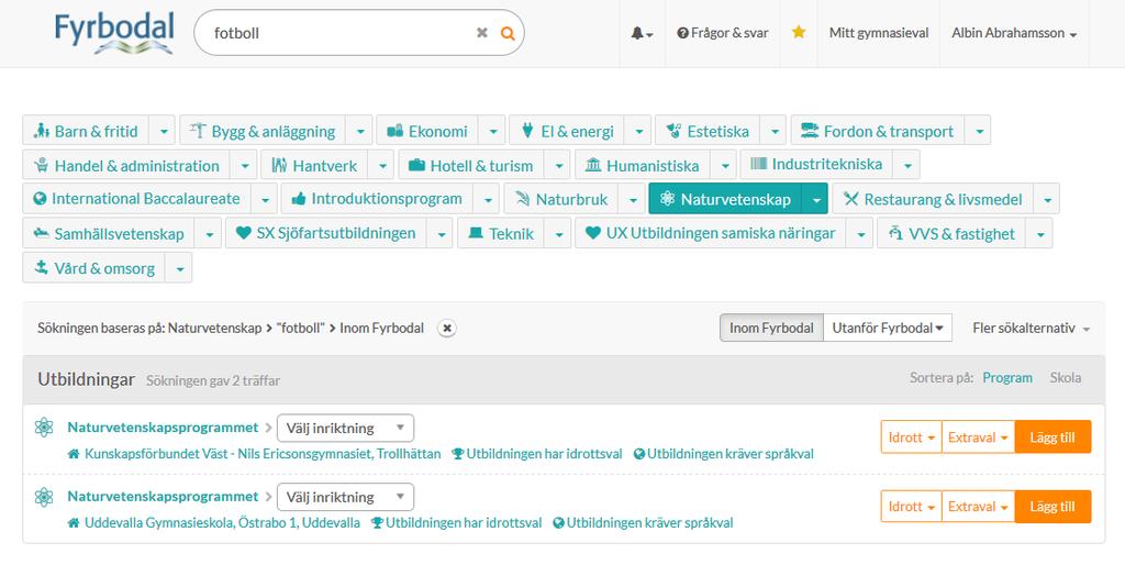 I sökfältet kan du söka efter utbildningar genom att använda enstaka ord som till exempel ett intresseområde, en skola eller kommun. Träffarna visas i listan nedan.