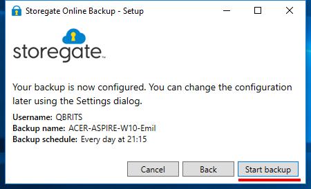 10. Nu är installationen klar och ni kan starta backupen genom att klicka Start backup. 11.