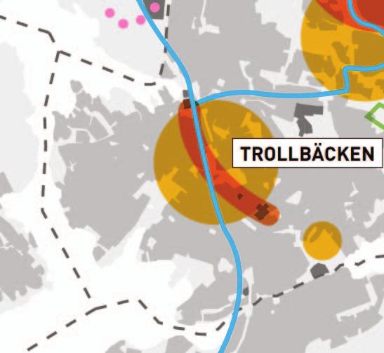 Många centrala stråk: Vendelsövägen, Kärrvägen, Skogsängsvägen och Fornuddsvägen.