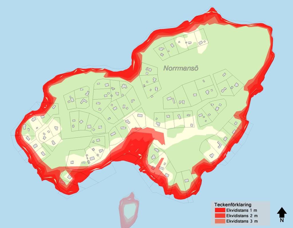 7 (12) RISK FÖR HÖGA VATTENSTÅND Utifrån förväntade framtida havsnivåer rekommenderas grundläggning för nybyggnationer ske 2,9 meter över nollplanet som lägst (räknat i RH2000).