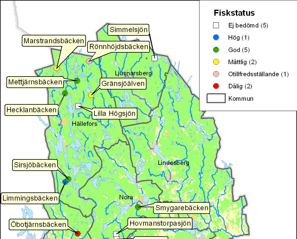 Karta - Fiskstatus Sex av vattendragen bedöms ha hög eller god status med hänsyn till