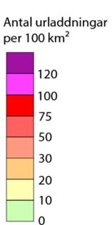 Medelantal urladdningar per år mellan 2002-2014 redovisas i Figur 6. För Stockholmsområdet sker i genomsnitt 30-50 urladdningar per 100 km 2 och år.