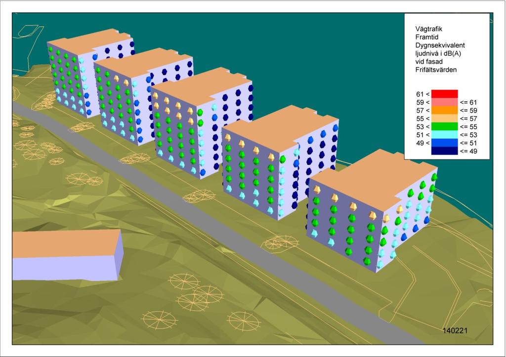 Inringade bostadsfasader där den ekvivalenta ljudnivån vid fasad överskrider riktvärdet 55 dba.