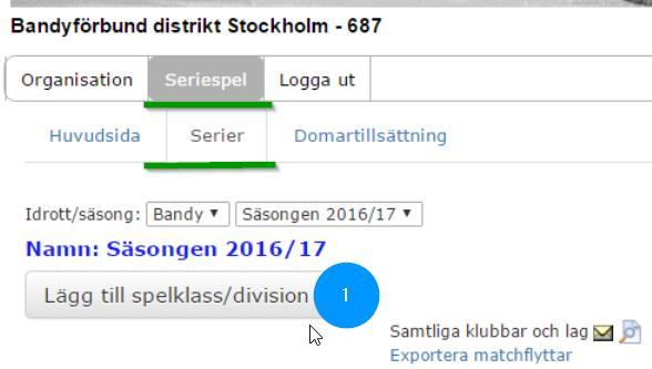 Första steget lägg till en spelklass/division En spelklass/division hamnar alltid under en nivå/kategori (exempelvis ett distrikt) En förbundsadministratör kan välja bland olika