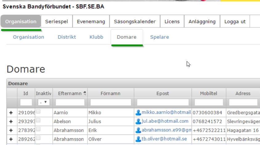 Organisation - Domare Ändringar, exempelvis en domares kontaktuppgifter, skall alltid göras i IdrottOnline I det här fönstret kan du: 1)