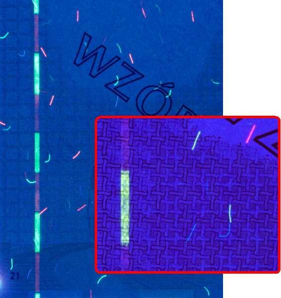 Fluorescerande säkerhetstråd En fluorescerande säkerhetstråd fluorescerar när den exponeras för UV-belysning.