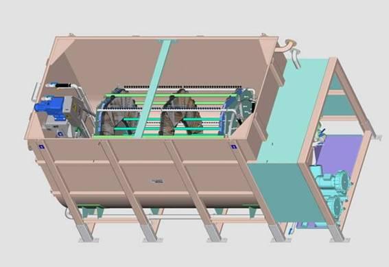 HUBER Membranteknologi Produkter Kompakt MBR System BioMem (här: filtrationstank) VRM Enhet Inlopp Retur Permeatutlopp Motor Utlopp Retur