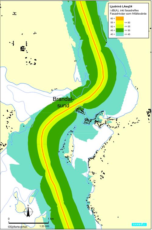 4. Resultat 4.1 Buller vid bostäder Beräkning visar att ingen fastighet får trafikbullernivåer över 55 dba, detta innebär att kraven för trafikbullernivåer uppfylls för samtliga fastigheter.