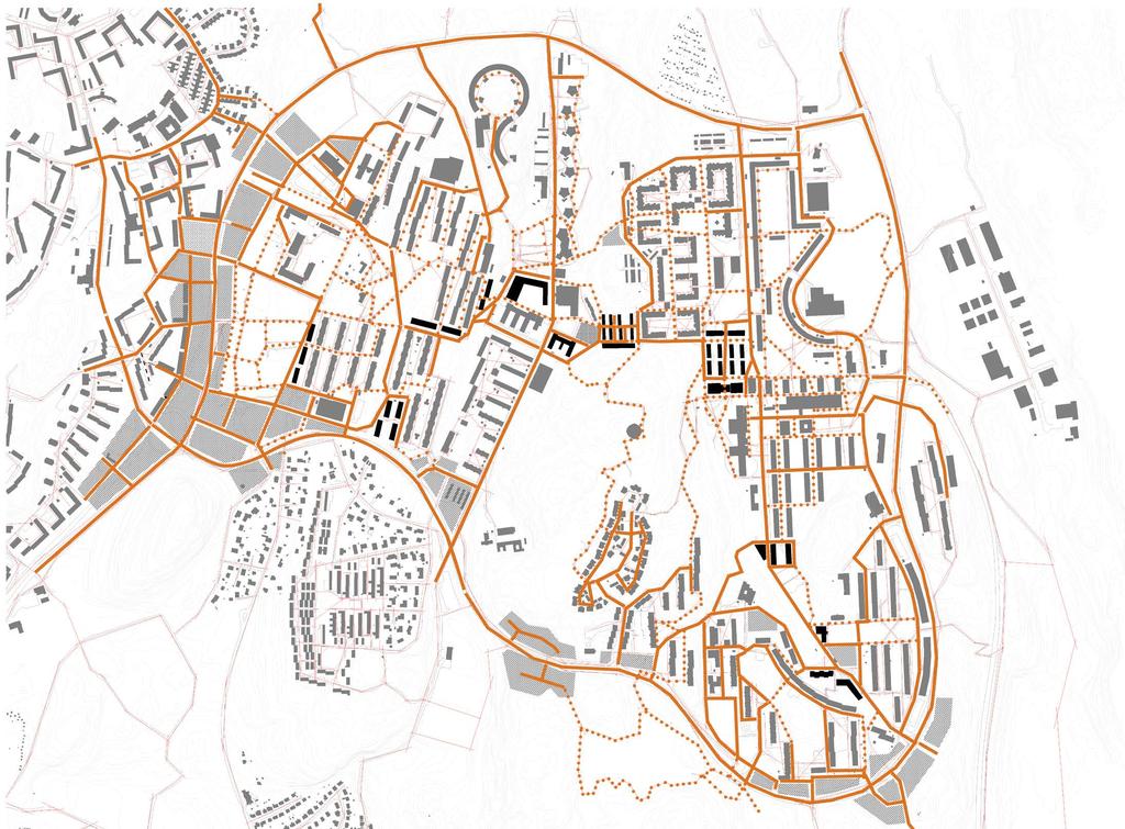 Korsning: direktinfart FÖRSLAG: INOM STADSDELEN Komplettering vid Gärdsås torg Ny skolbyggnad, befintlig rivs Stärka stråket längs Stjärnbildsgatan gestaltningsmässsigt Radhus vid Siriusgatan