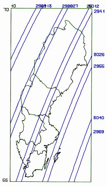 Figur 6: Tio dygns markspår (enbart dagpassager) av SPOT 1 över Sverige och dess närhet.