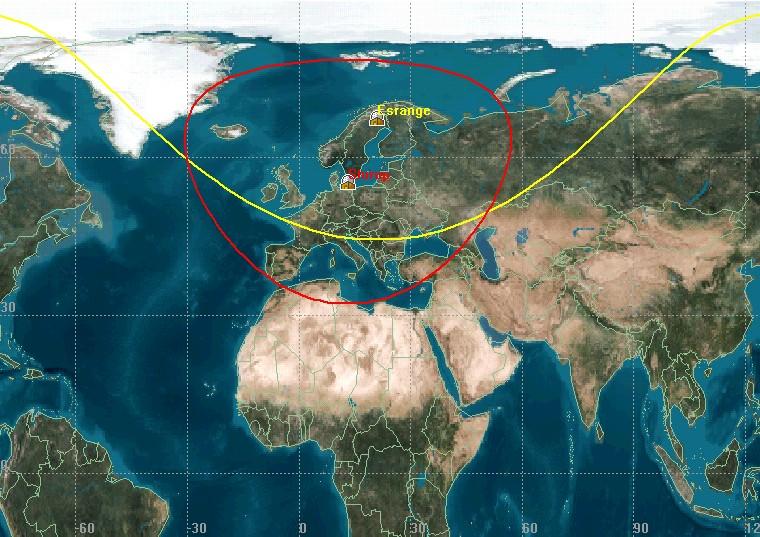 Figur 8: Esranges täckningsområde för EROS A1. Täckningsområdet från Sturup är så som det skulle vara om det fanns en nedtagningsstation för EROS där.