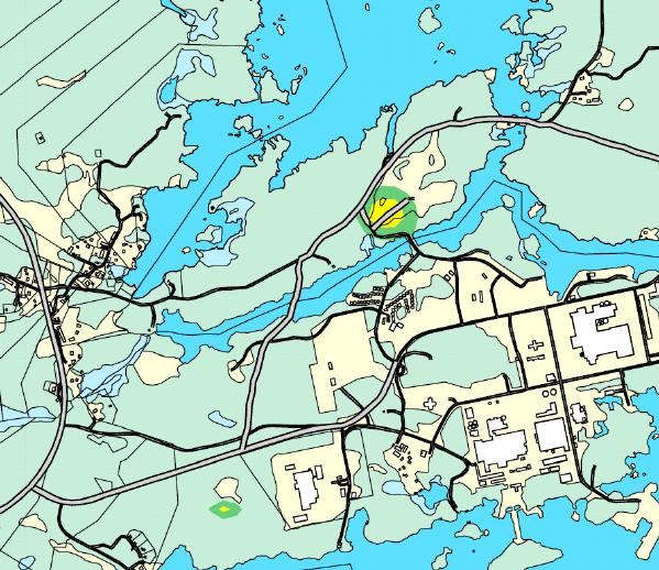 Figur 4-1. Jämförelse mellan ljudutbredning från hjullastare (överst) och berghiss i markplanet (underst). Riktvärde 6 dba dagperioden (gräns mellan grönt och gult fält).