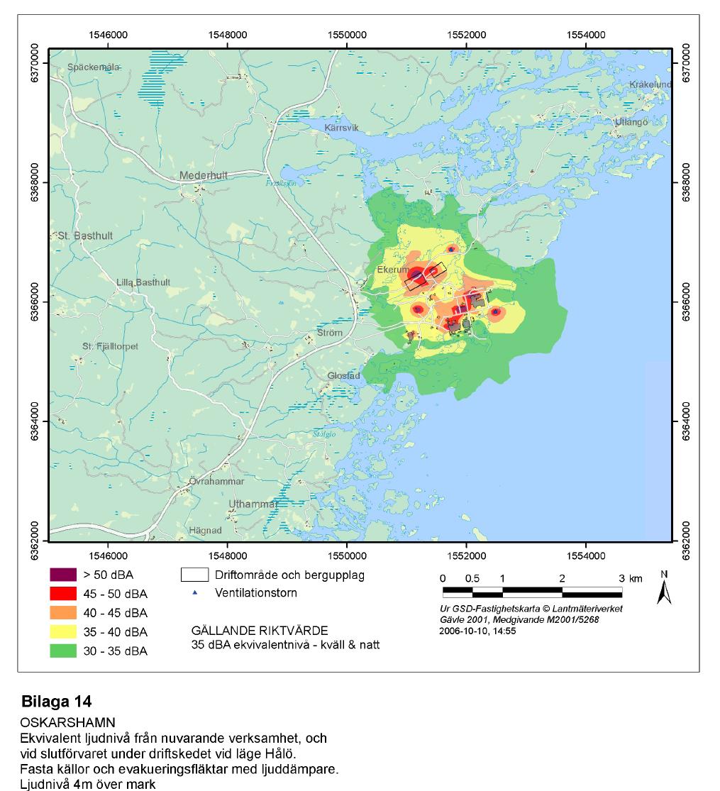 Bilaga 14 Oskarshamn, ekvivalent ljudnivå från nuvarande verksamhet och vid slutförvaret under