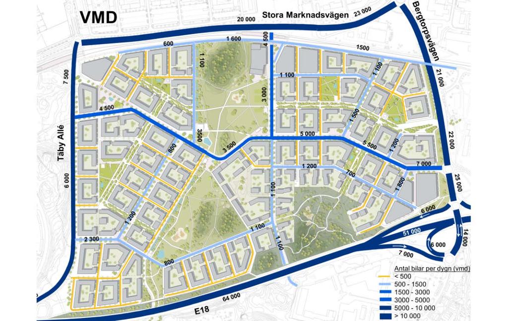 visar gångavstånd till befintliga busshållplatser och Roslagsbanans stationer samt planerade busshållplatser. Biltrafik En trafikanalys har genomförts för området.