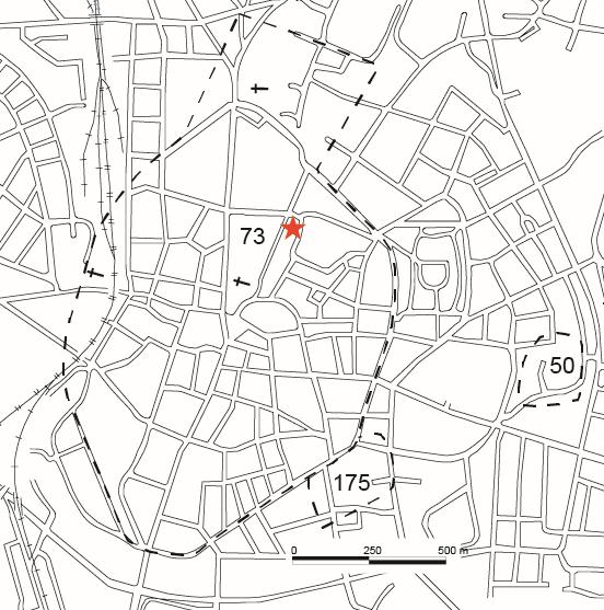 Figur 1. Lunds medeltida stad, fornlämning 73:1, med platsen för undersökningen markerad med en röd stjärna.