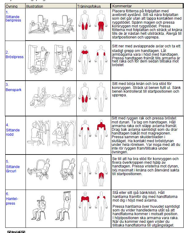 Styrketräning i grupp 2 ggr/v Högintensiv 1 pass 3 x 6 reps (max) 1 pass 3 x 10 reps (max) Låg/måttligt intensiv 1 pass 3 x 12