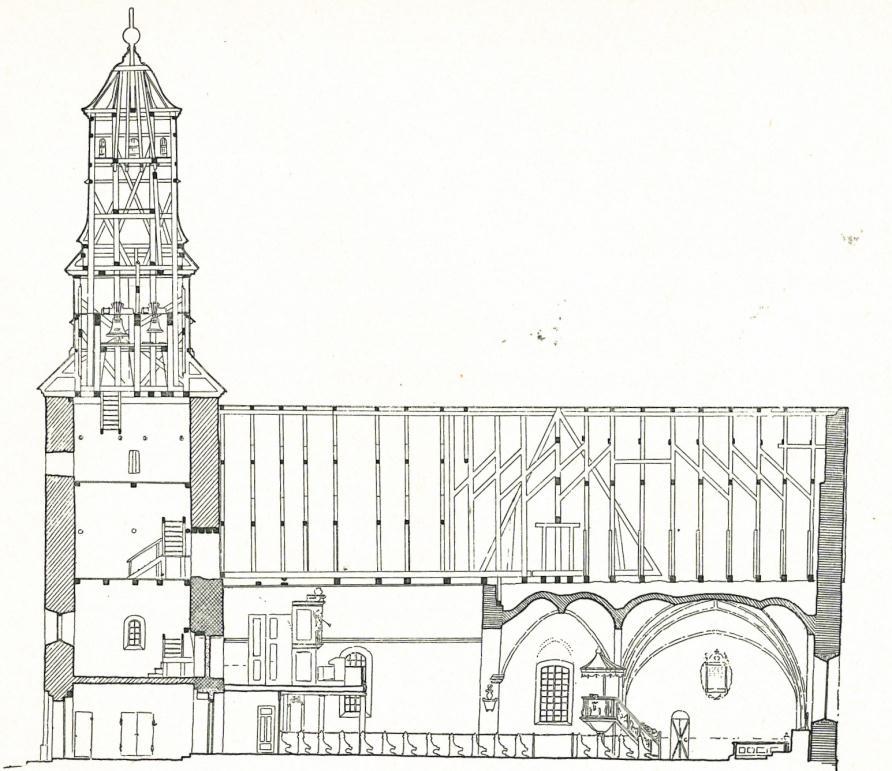 Vårdsbergs kyrka, längdsektion mot norr av kyrkobyggnaden och orgeln (efter SvKy vol. 14 fig. 111; här beskuren).