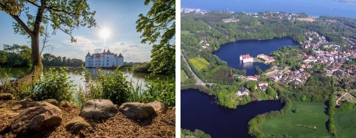 Vattenslottet ligger i Glücksburg stad, på en konstgjord damm som byggdes på en 2,5 meter hög granitsockel.