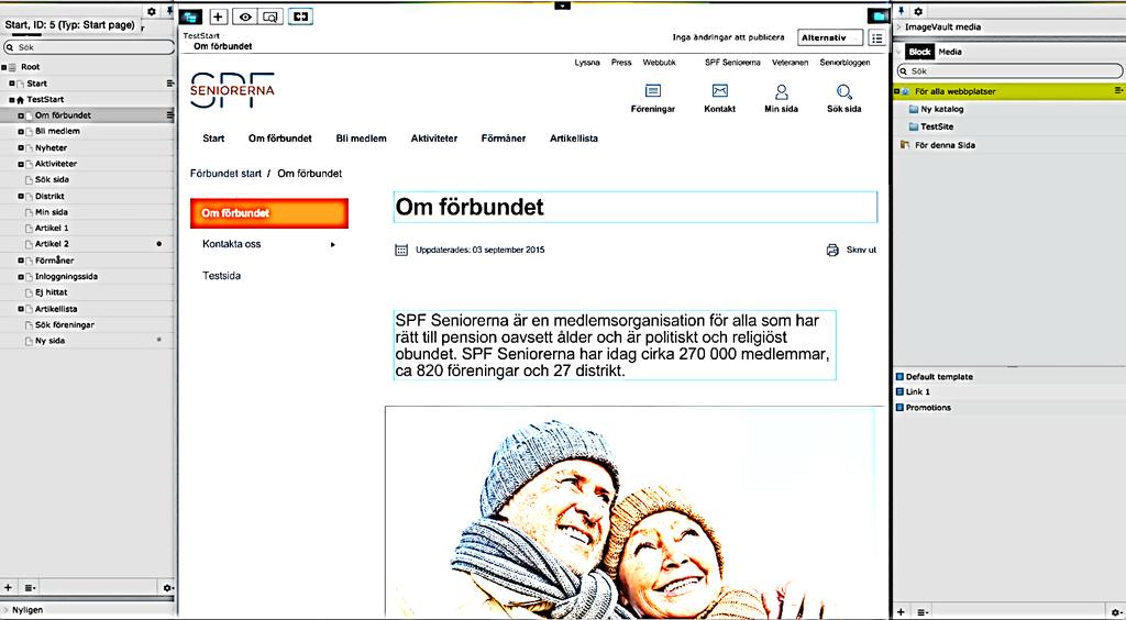 4. Innehållsområdet Innehållsområdet ligger mitt emellan navigeringsfönstret och resursfönstret och visar den aktuella sidan, det aktuella blocket eller det aktuella medieobjektet.