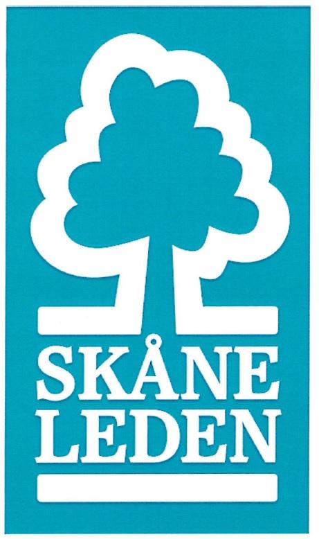 Logotyp i vitt och turkosblått med texten "Skåneleden" Skåne Läns Landsting, Regional Utveckling, Miljö, Region Skåne, 291 89 Kristianstad, Sverige.