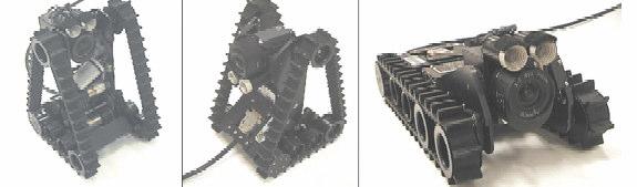 A B C Figur 1: En polymorfisk robots tre lägen: sittande och tittande framåt (A), sittande och tittande bakåt (B) och liggande platt (C).