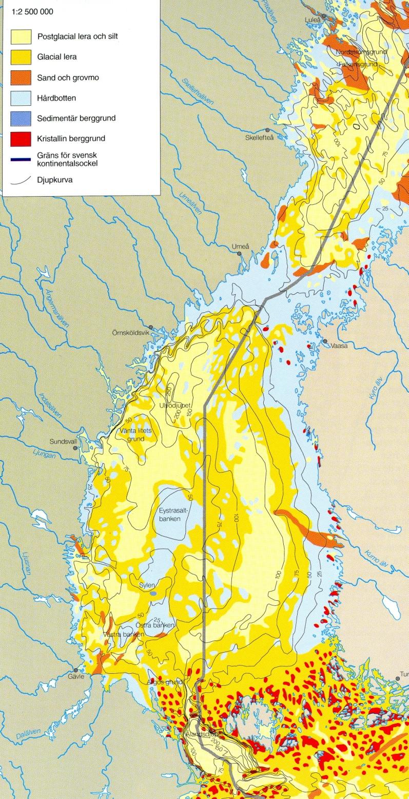 Kvartära avlagringar i Bottenviken och Bottenhavet Röd= berggrund Blå=