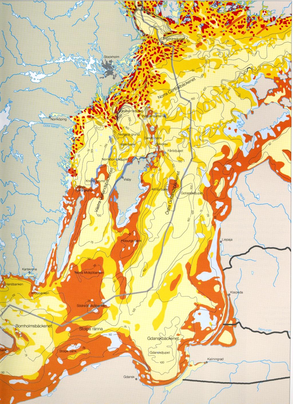 Kvartära avlagringar i egentliga Östersjön Röd= berggrund Blå= morän