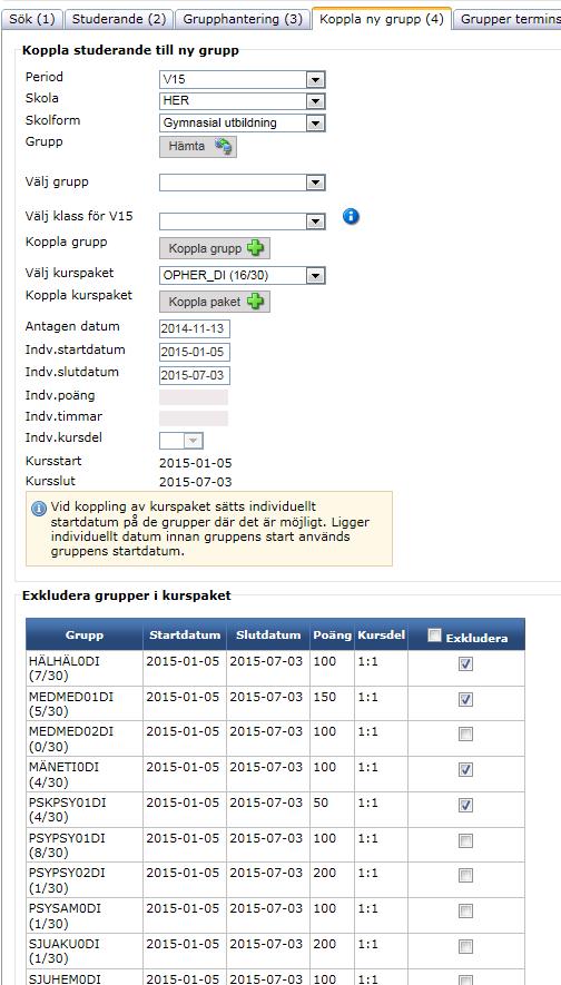 Sida 17 av 38 Registrera grupper på kurspaket kursdel 2:3, 3:3 1. Välj period, skola, skolform och klicka på hämta 2. Välj kurspaket 3. Bocka ur de kurser du INTE vill koppla till eleven.