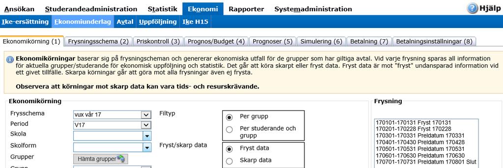 Sida 34 av 38 Priskontroll inför frysning (GRN, GY) Ekonomi/Ekonomiunderlag/Priskontroll(3) 1. Välj Frysschema i listan 2. Bocka i radioknappen Grupper 3. Klicka på knappen Kontrollera 4.