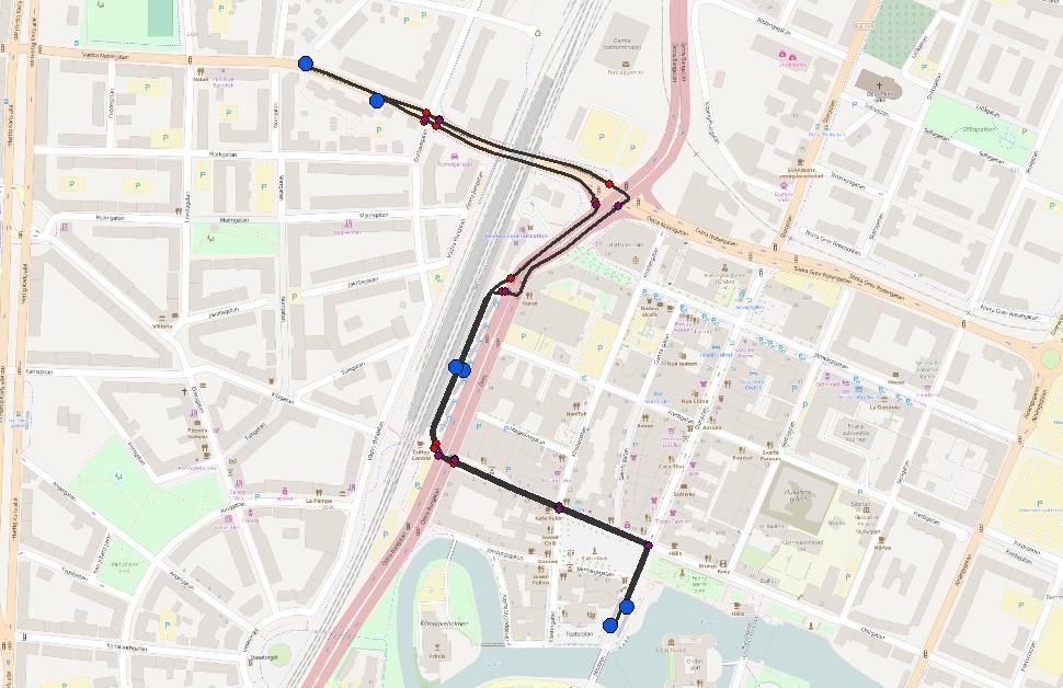 På bilden visas korsningarna Rudbecksgatan/Trädgårdsgatan (ovan till vänster), Rudbecksgatan/Fabriksgatan (ovan till höger) och