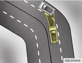 Var extra försiktig vid kurvtagning och bromsa om det behövs. - När du kör i en kurva kan FCA identifiera ett fordon i en annan fil som ett framförvarande fordon.