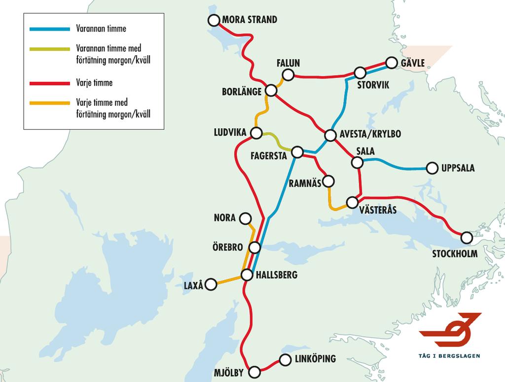 Tåg i Bergslagens framtida strategi kan ge ändrade förutsättningar Tåg i Bergslagen planerar ett tåg i timmen Borlänge Stockholm En möjlighet är att