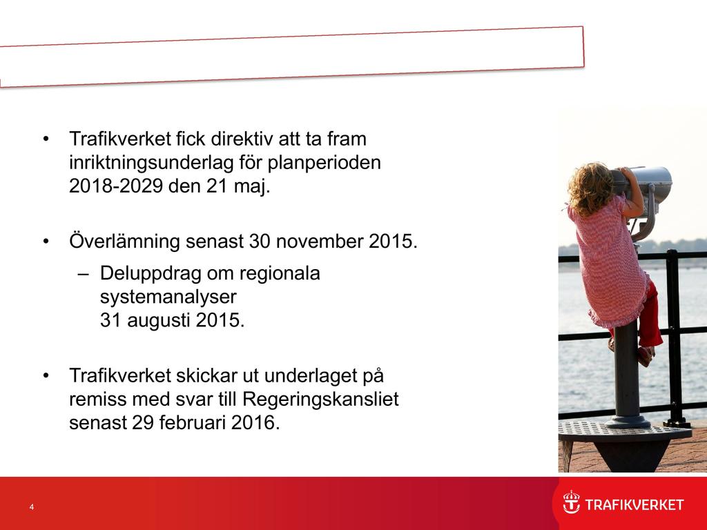 Trafikverket fick direktiv att ta fram inriktningsunderlag för planperioden 2018-2029 den 21 maj. Överlämning senast 30 november 2015.