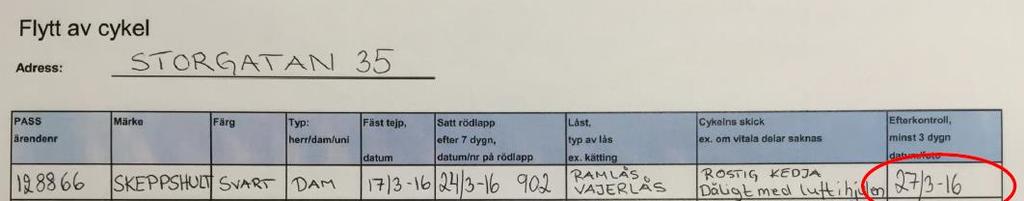 3. OMHÄNDERTAGANDE AV CYKLAR Efter ytterligare tre dagar görs en efterkontroll. Om cykeln står kvar med både tejp och informationsblad tas den omhand och placeras i ett lager i minst tre månader.