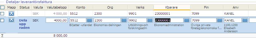 4.7 Åtgärdsknappar Ta bort = Ta bort en konteringsrad. Om du har delat upp en fakturarad kan du, genom att markera en rad med ett kryss i rutan till vänster, radera raden.