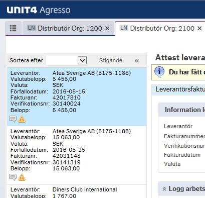 Till vänster i denna bild visas varje leverantörsfaktura i form av