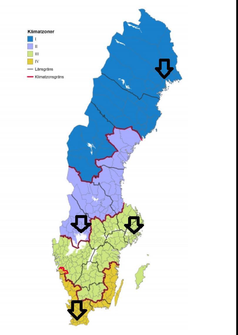 Tabell 8. Klimatzoner Zon 1 Zon 2 Zon 3 Zon 4 Luleå Karlstad Stockholm Malmö Figur 10. Klimatzonerna från BBR och valda platser för simuleringarna (BBR, 2015) 3.