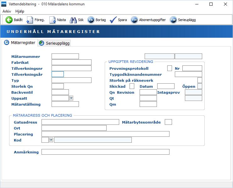 Vatten 21 Utifrån uppgifterna i mätarregistret kan mätarlista och mätarhistorik tas fram. Observera att mätarregistret inte påverkas av avläsningarna.