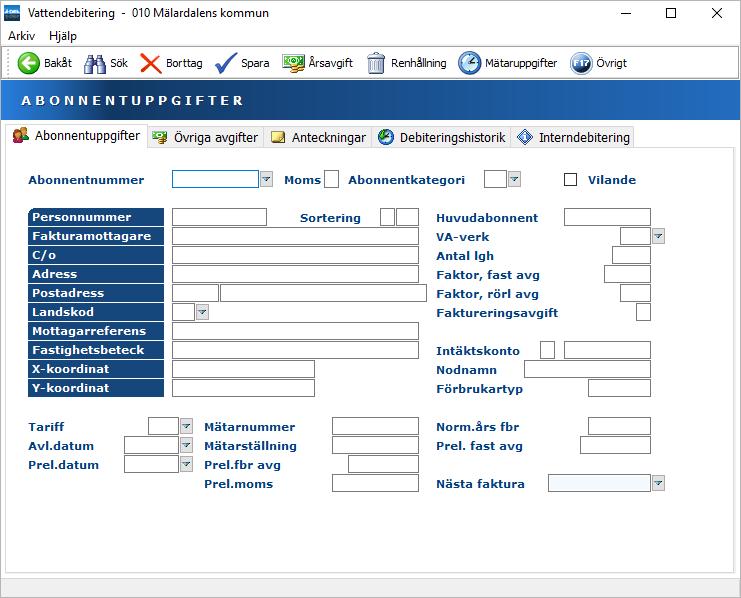 Vatten 31 Flik Abonnentuppgifter/F15: Flik Övriga avgifter Flik Anteckningar/F14 Flik Debiteringshistorik/F18 Flik Interdebitering/F12 Här anges namn och adressuppgifter samt ytterligare fakturerings