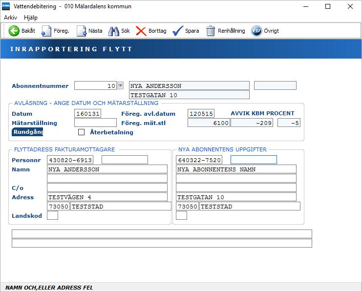 Vatten 45 4.3 Inrapportering flytt 4.3.1 Översikt För att kunna göra flyttavräkningar på abonnemang, krävs att avläsningar rapporteras in. Under denna funktion så lägger man in flyttavläsningar.