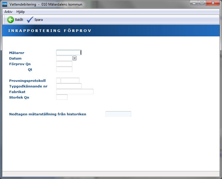 Vatten 52 4.7.2 Inmatningsfält Mätarnummer Ange mätarens nummer för vilken provresultatet gäller. Datum Datum då proven gjordes anges enligt ÅÅMMDD. Förprov Qn Ange provresultats Qn-värde.