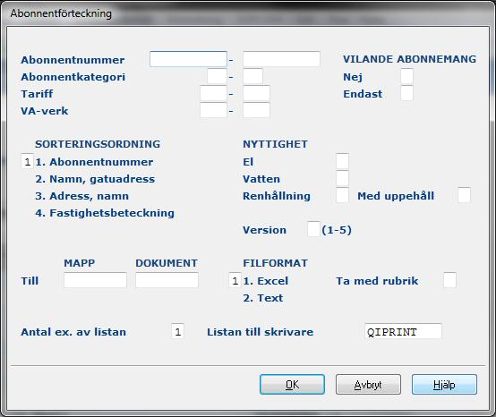 Vatten 65 5.1.2 Inmatningsfält Om något urval utelämnas t.ex. abonnentnummer, skrivs alla abonnemang med hänsyn tagen till övriga urval.