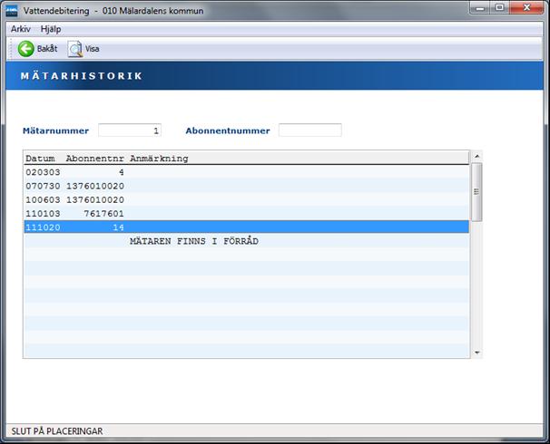 Vatten 80 terligare en gång visas Mätaradress. 6.2 Mätarhistorik 6.2.1 Översikt Utifrån de mätarbyten som görs och som rapporteras in i rutinen skapas mätarhistorik i ett separat register.