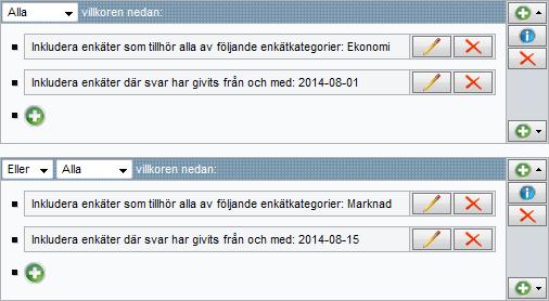 209 Redigera och ta bort villkor Till höger om varje villkor finns knappar som du kan klicka på för att redigera villkoret, eller ta bort det villkor klickar du på ikonen.