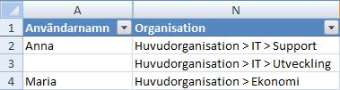 I kolumn N, med rubriken Organisation, anger du vilken eller vilka organisationer användaren ska tillhöra.