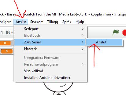 Övning 8b (Att följa en linje) 3. Välj Anslut Koppla ifrån anslutningen 2.4G Serial. 4.