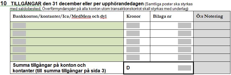 15 (17) 9 Summa utgifter och tillgångar Här lägger du ihop utgifter och tillgångar. Detta belopp skall vara detsamma som du har fått på förgående sida (A+B).