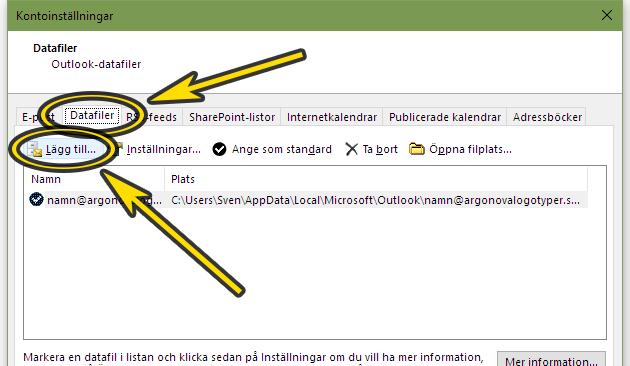 4. Gå till fliken Datafiler och klicka på Lägg till. 5. Markera Outlook-datafil (.pst) och klicka på OK. 6.